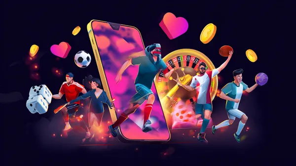 Uma jovem relaxando com o celular enquanto elementos dinâmicos de cassino flutuam ao seu redor, ilustrando a experiência móvel fluida oferecida pelo app POPBEA.